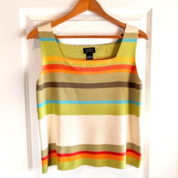 Sigrid Olsen Stripe Square Neck Silk Linen Sleeveless Top - Picture 1 of 5